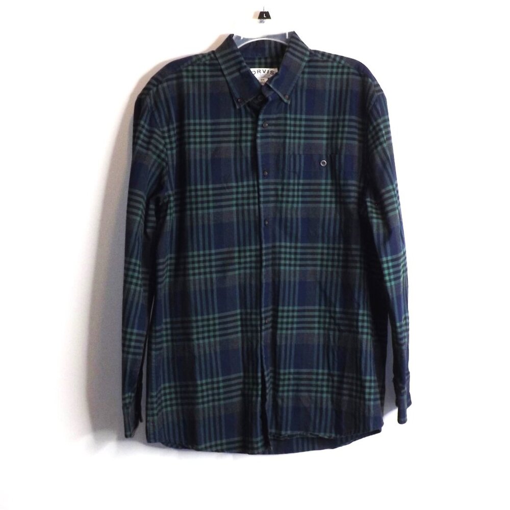 Men's Orvis Plaid Long Sleeve Button Down Shirt Navy Blue and Green Size M